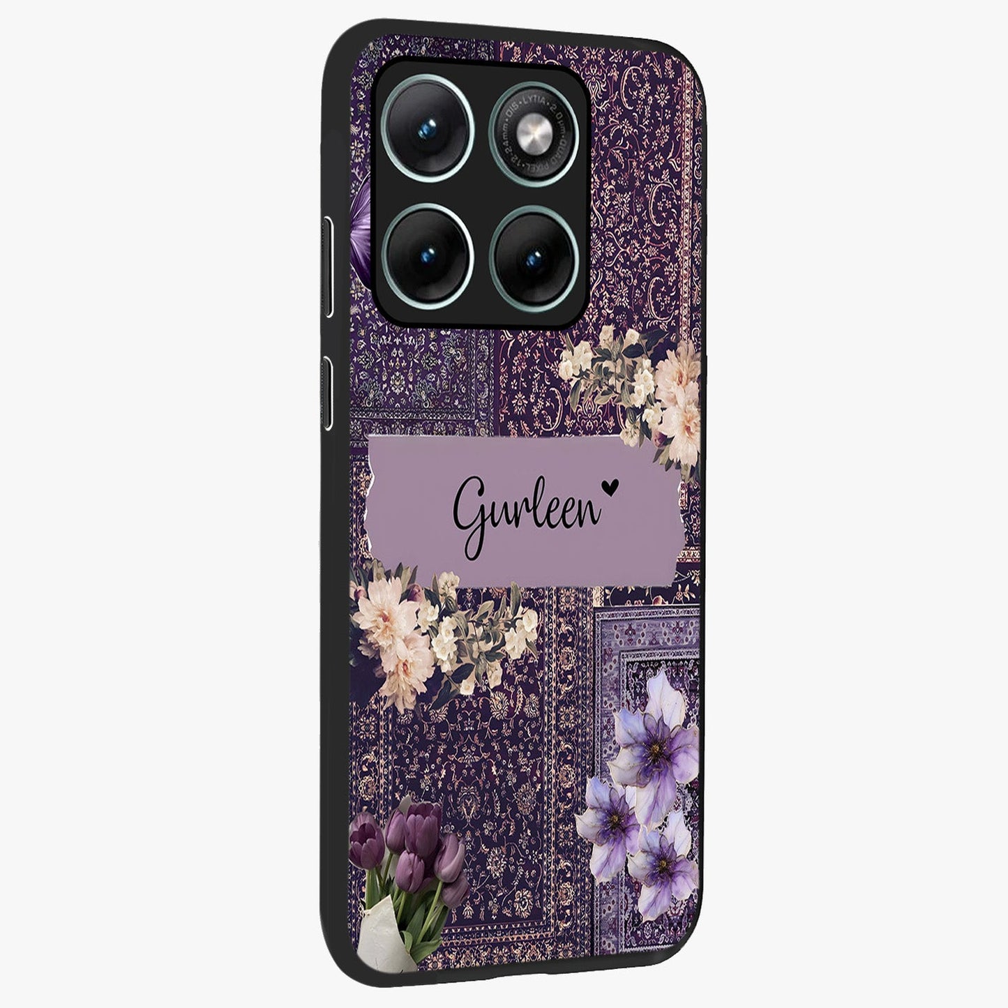Antique Floral Whisper Custom Name Glass Case upright view showcasing delicate floral artwork with custom name feature.