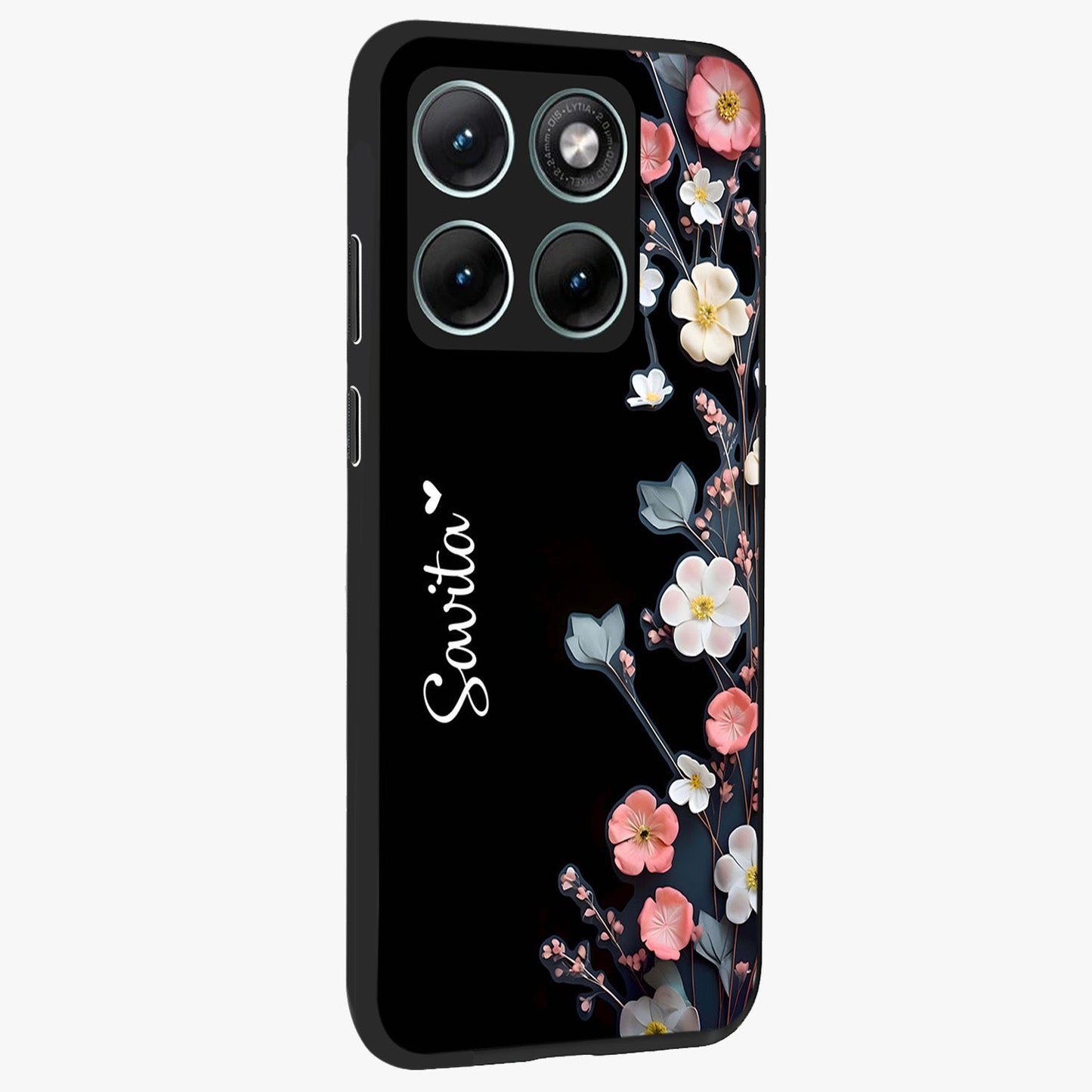Black Elegance Floral Custom Name Glass Case upright view showcasing luxurious black floral design with personalized name detail.