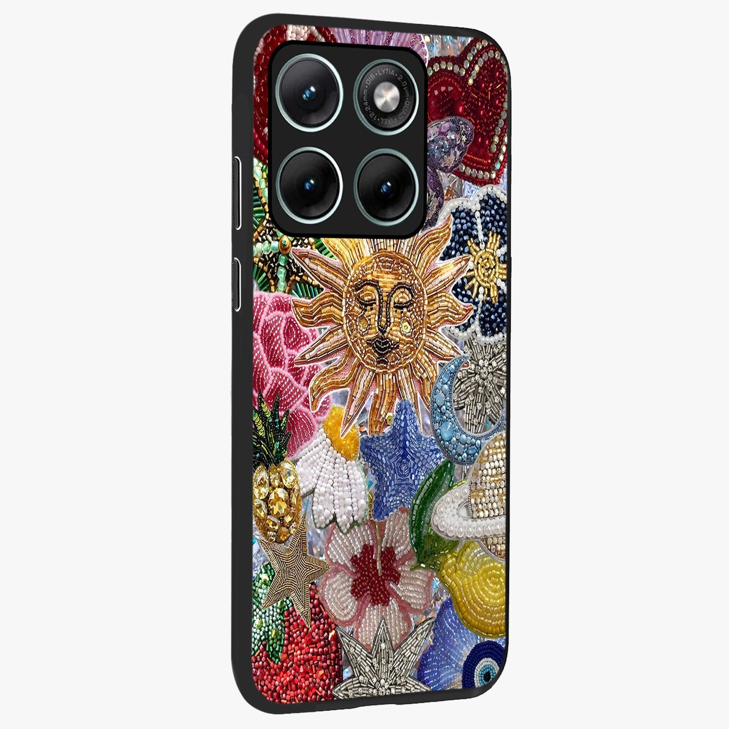 Celestial Floral and Playful Glass Case upright view showcasing whimsical floral artwork with cosmic aesthetic theme.