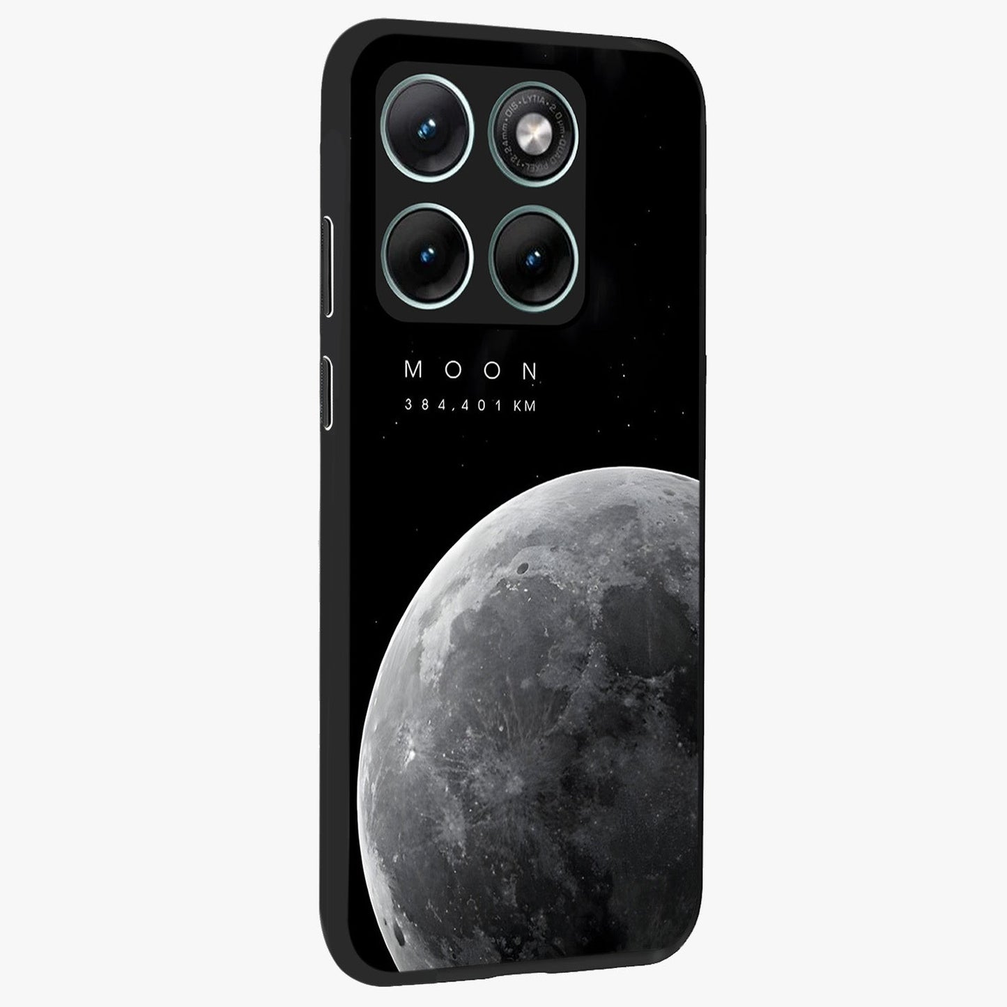 Cosmic Moon Glow Glass Case upright view showcasing luminous moon illustration with dreamy cosmic style.