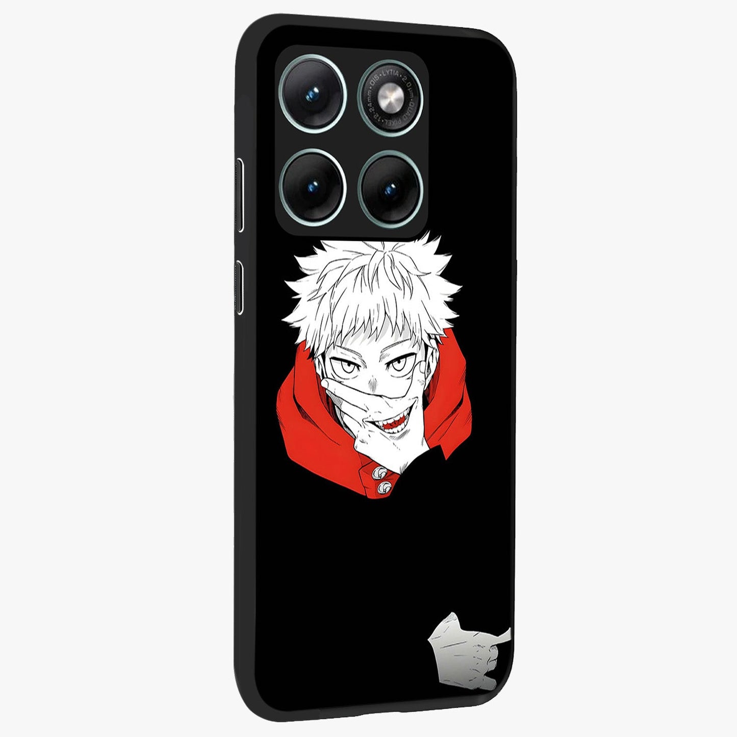 Crimson Chaos Smile Glass Case upright view showcasing expressive chaotic artwork with striking visual theme.