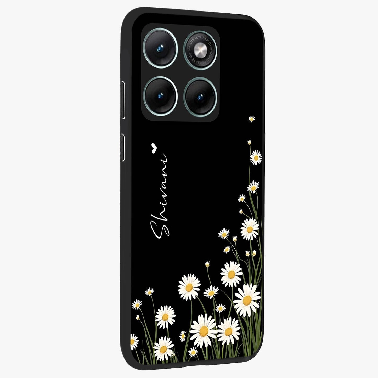 Daisy Cascade Custom Name Glass Case upright view showcasing elegant floral cascade design with personalized aesthetic.