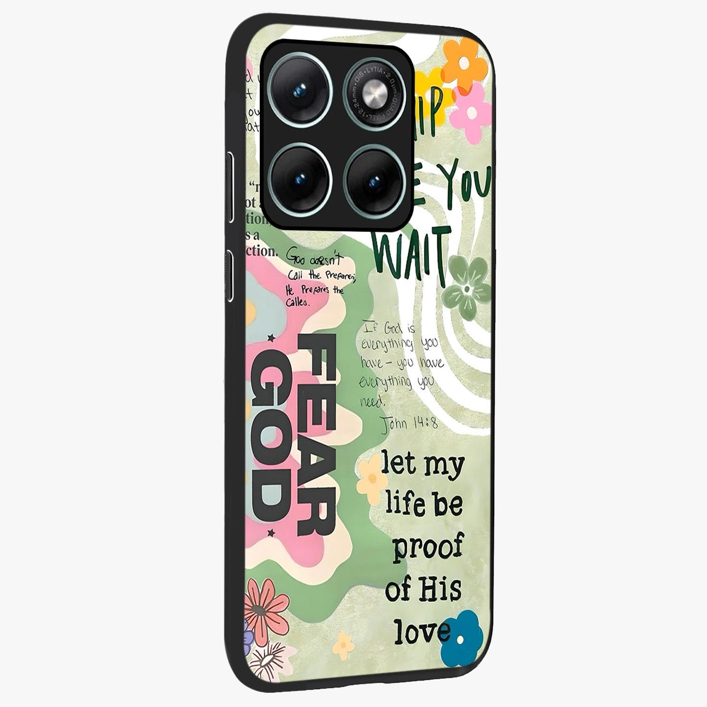 Faith Over Fear Glass Case upright view showcasing bold typography artwork with uplifting motivational theme.
