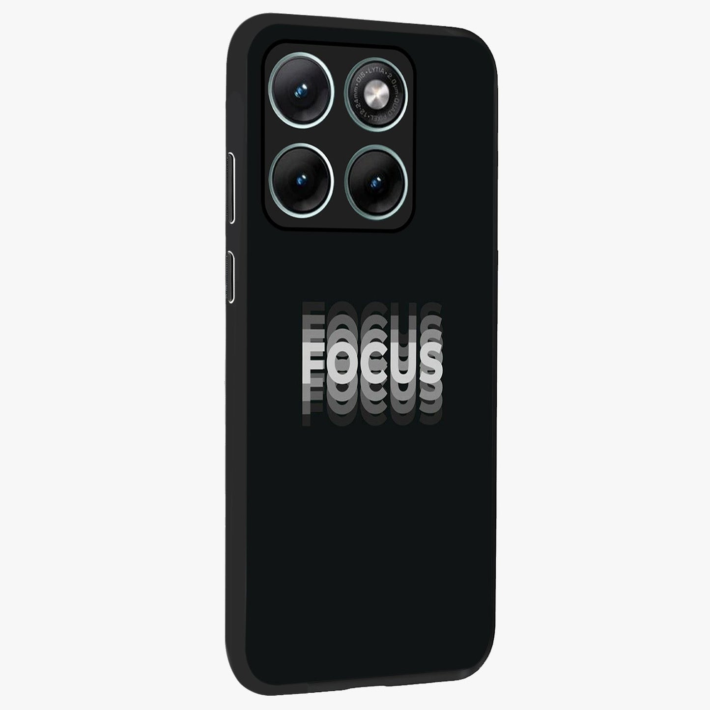 Focus Mode On Glass Case upright view showcasing strong typography statement with sleek motivational theme.