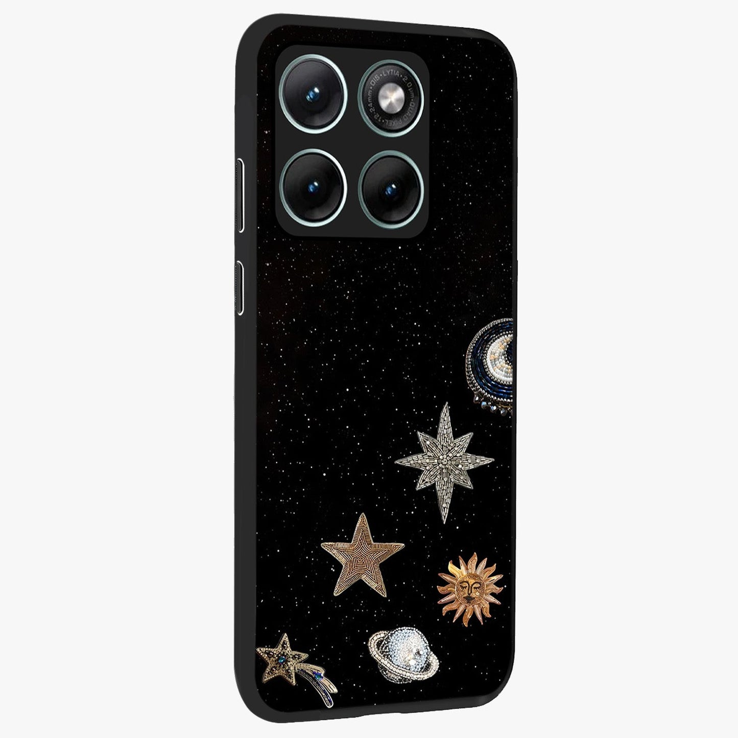 Galactic Charm Glow Glass Case upright view showcasing glowing cosmic charm artwork with magical celestial style.
