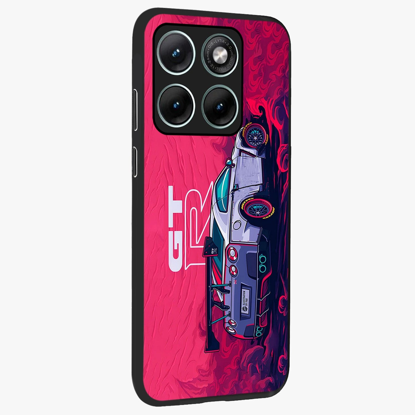 GT-R Car Pattern Glass Case upright view showcasing dynamic car pattern artwork with modern sports theme.