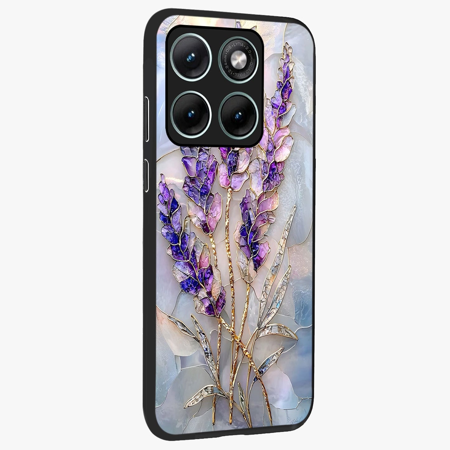 Lavender Dream Glow Glass Case upright view showcasing radiant lavender glow artwork with calming dreamy theme.