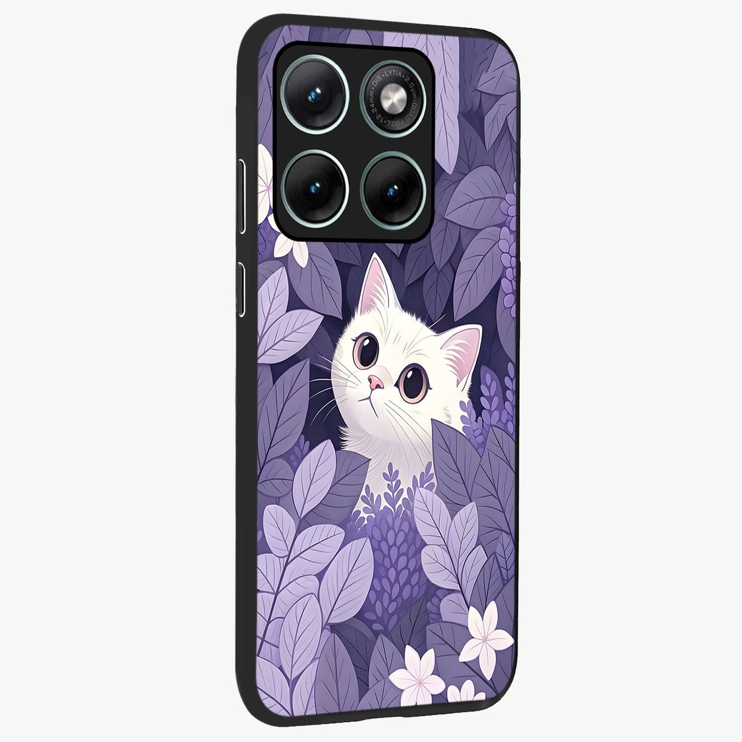 Lilac Hide Peek Cat Glass Case upright view showcasing charming cat artwork with adorable peek theme.