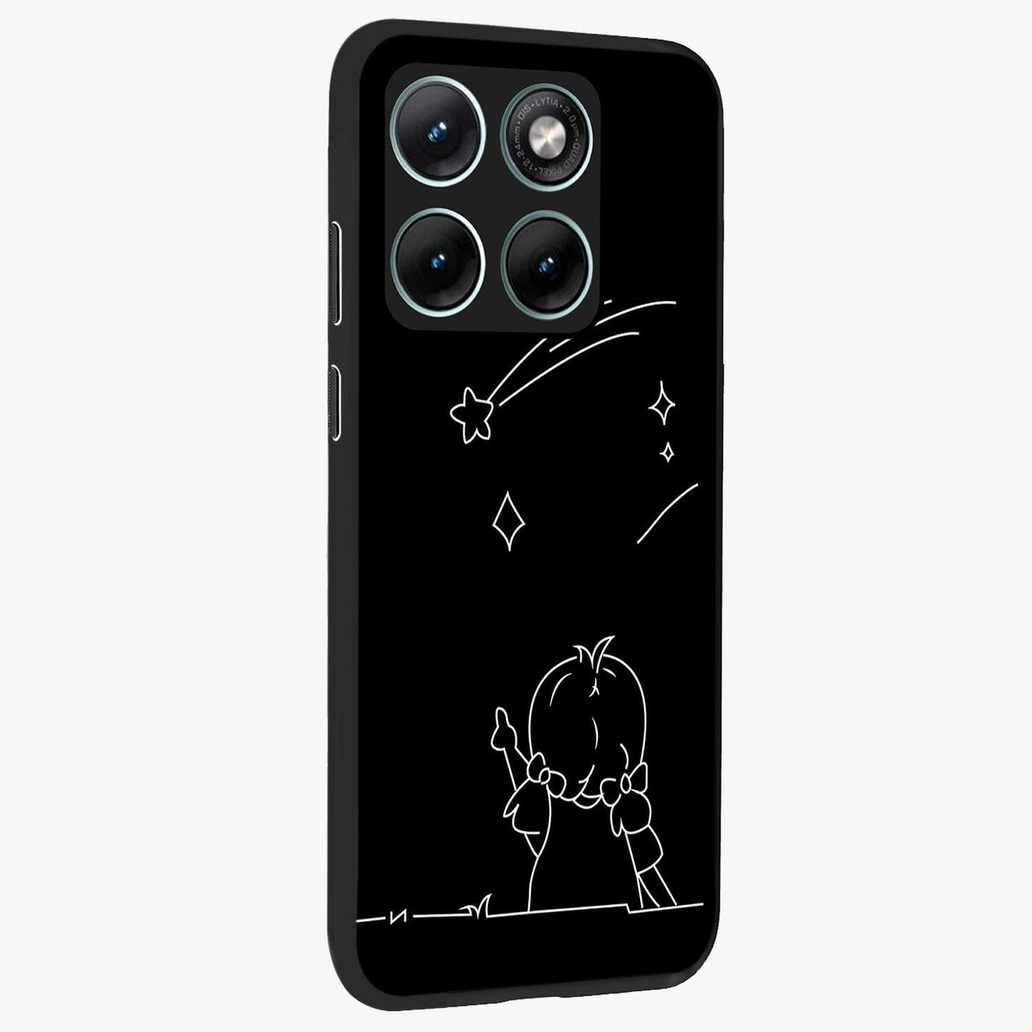 Line Art Girl With Shooting Stars Glass Case upright view showcasing delicate shooting stars artwork with minimal artistic theme.