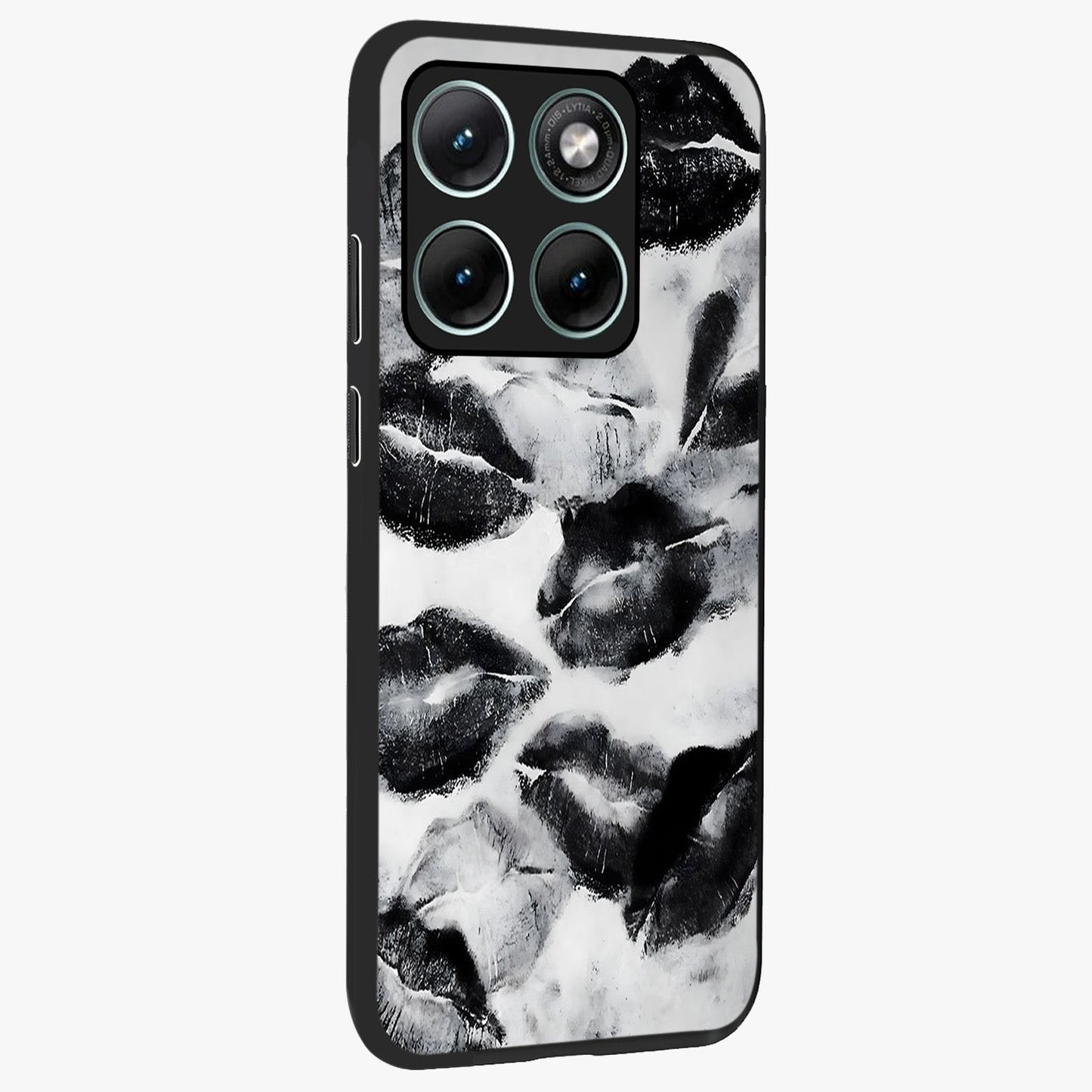 Midnight Kiss Marks Glass Case upright view showcasing stylish kiss mark artwork with trendy romantic theme.