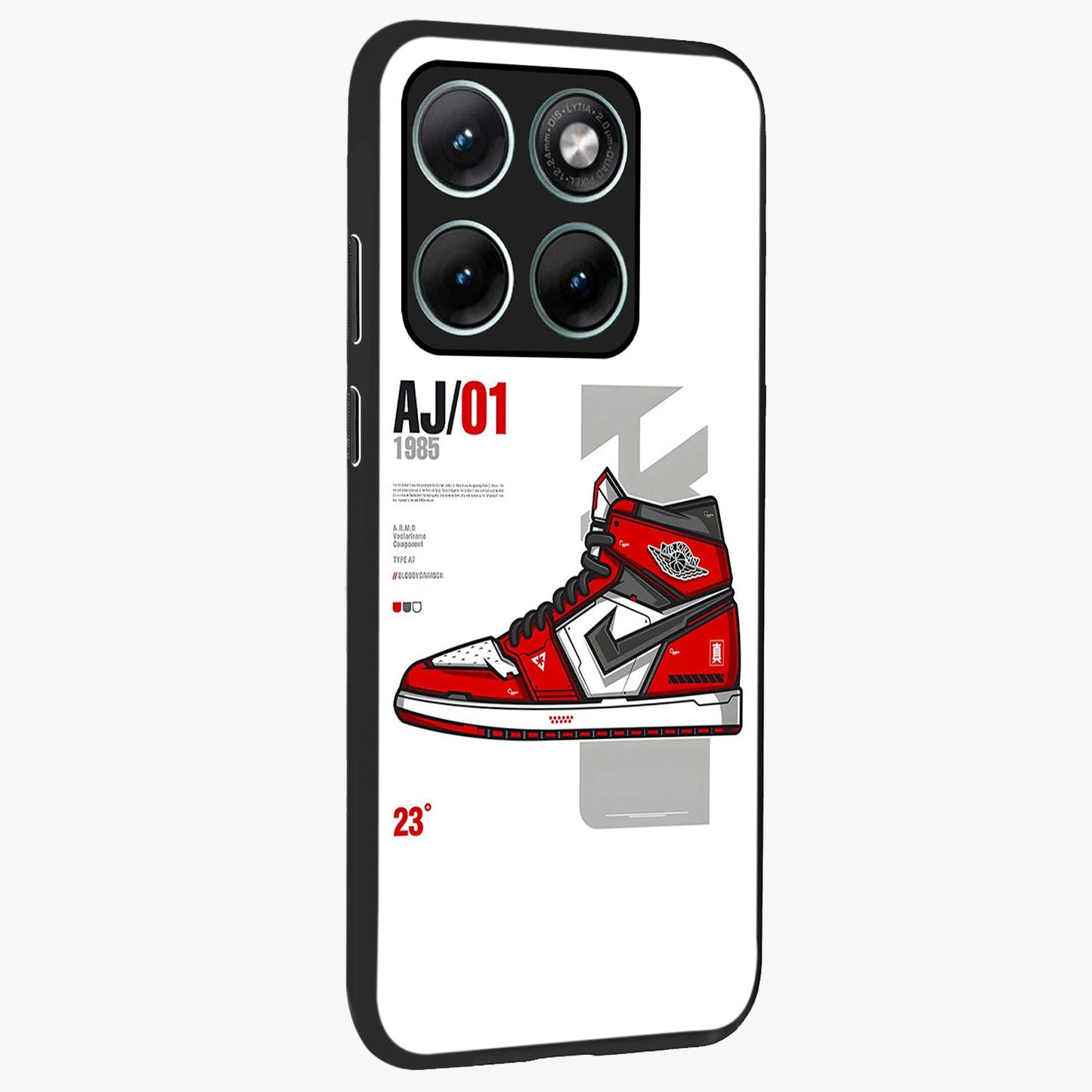Retro Sneaker Blueprint Glass Case upright view showcasing stylish sneaker illustration with vintage streetwear theme.