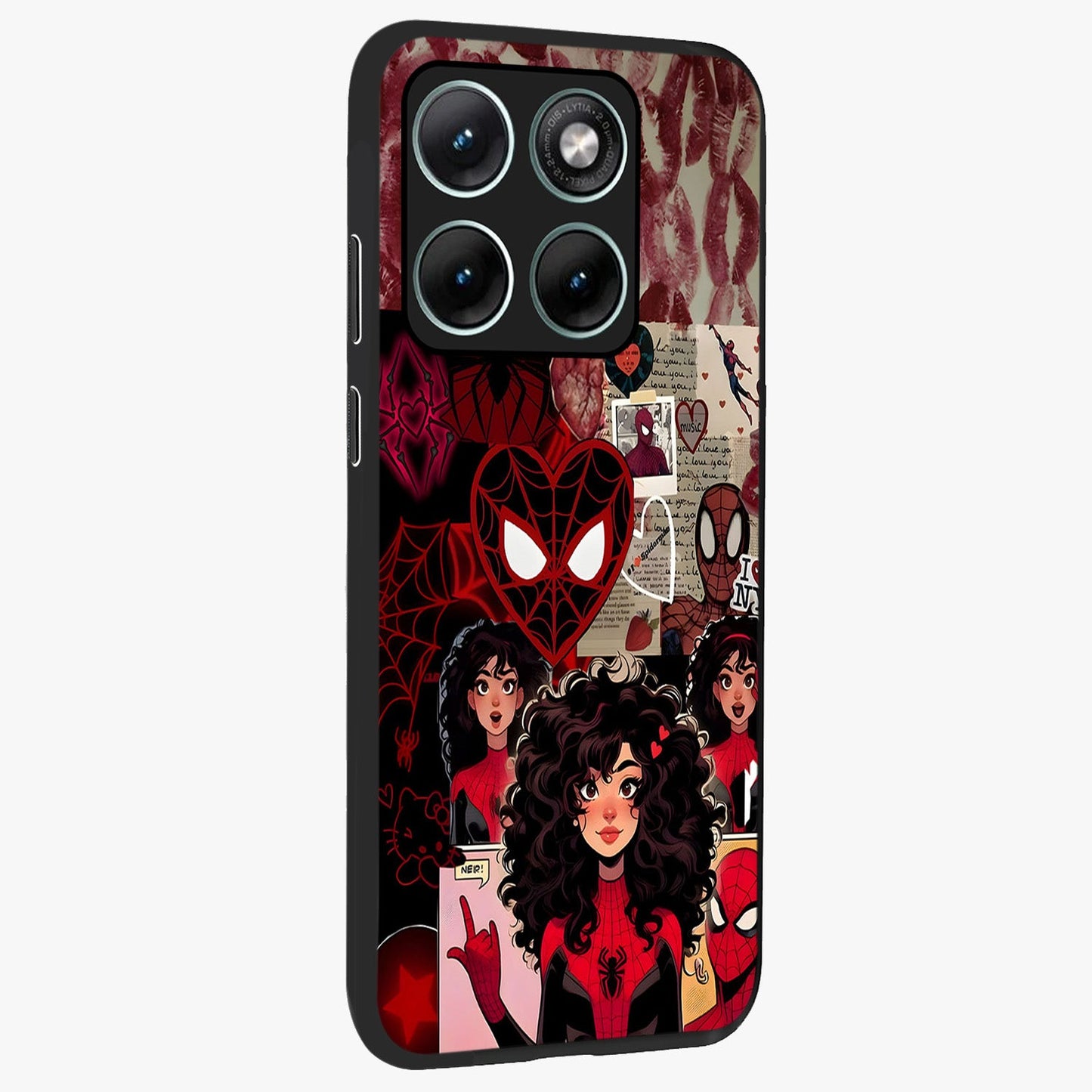 Spider Love Story Glass Case upright view showcasing charming superhero artwork with romantic comic theme.
