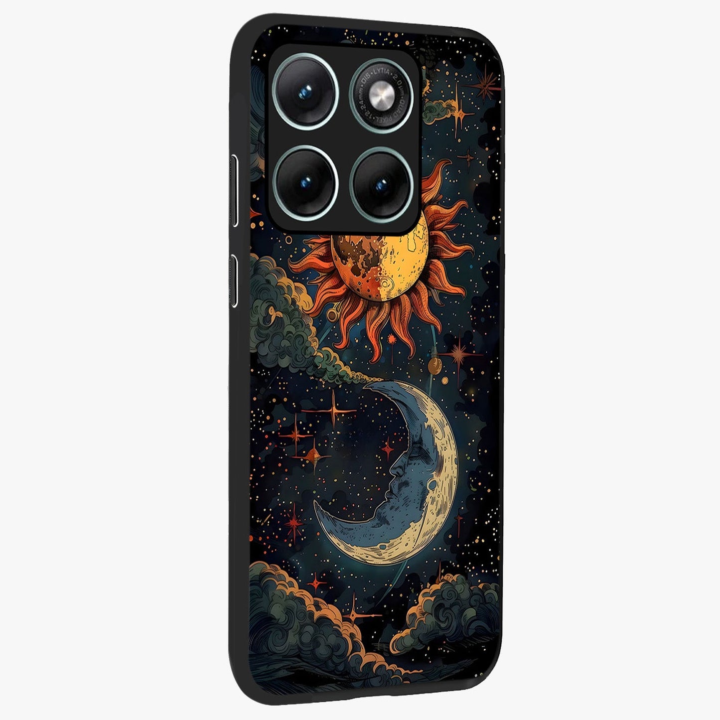 Sun And Moon Magic Design Glass Case upright view showcasing decorative sun and moon artwork with spiritual celestial theme.