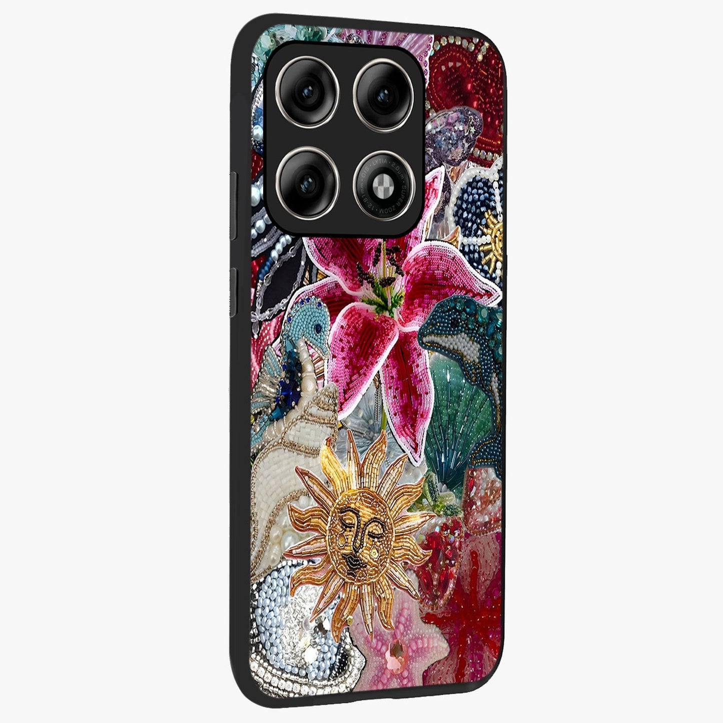 Beaded Garden Fantasy Glass Case upright view showcasing whimsical garden aesthetic with artistic bead details.