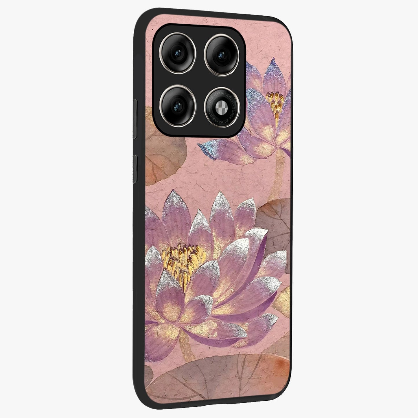 Blossom Mist Lotus Glass Case upright view showcasing graceful lotus flower design with peaceful botanical style.