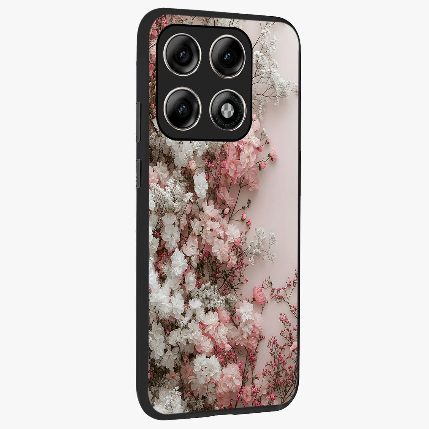 Blush Blossom Cloud Glass Case upright view showcasing calm floral cloud artwork with gentle dreamy theme.