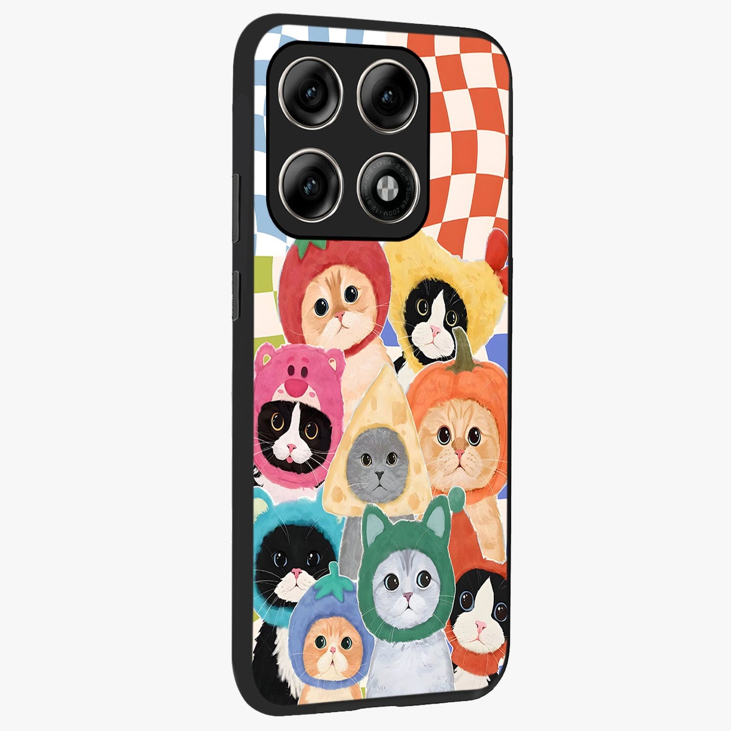 Cats in Fruits Glass Case upright view showcasing charming cat artwork with fun fruity theme.