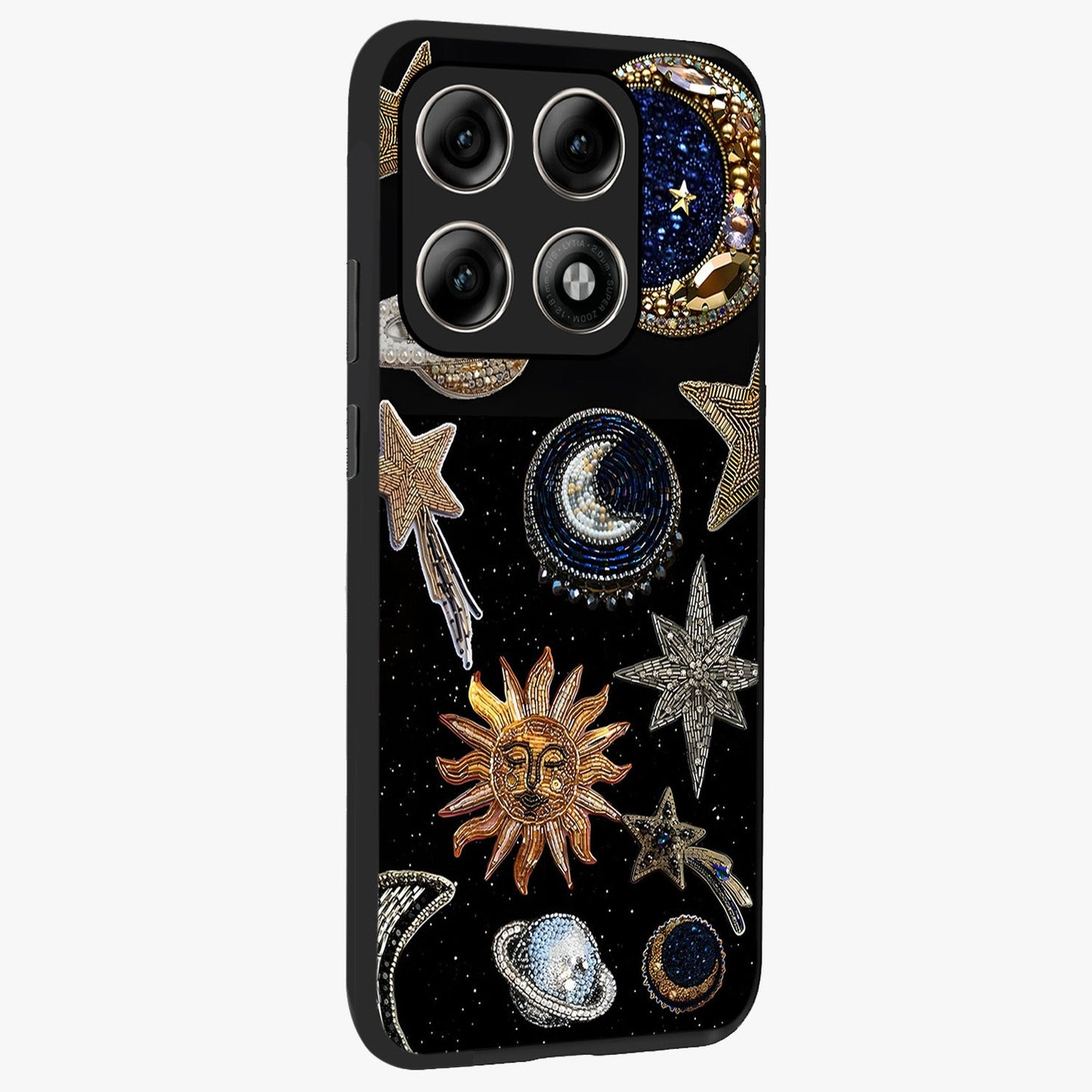 Celestial Gem Constellations Glass Case upright view showcasing cosmic constellation artwork with celestial aesthetic style.