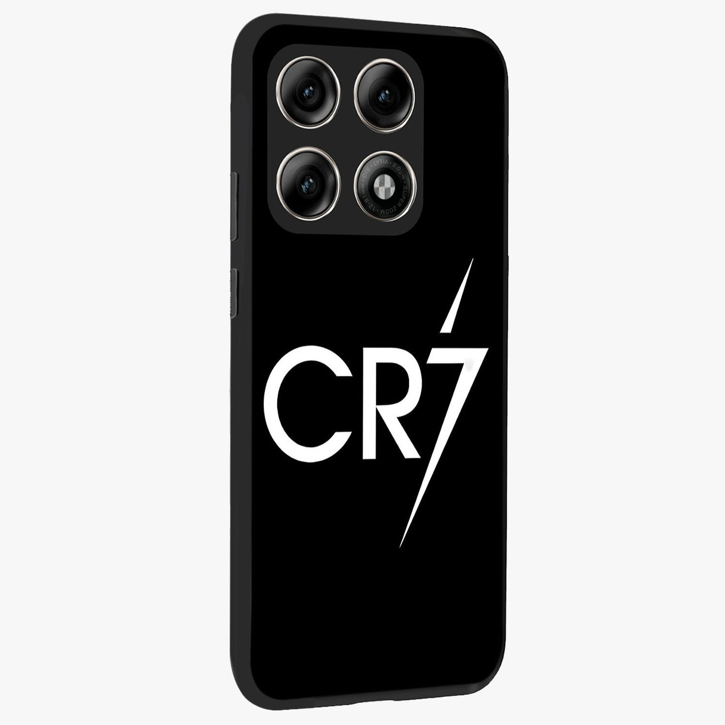 Cr7 Elite Strike Glass Case upright view showcasing energetic football inspired design with modern sports aesthetic.