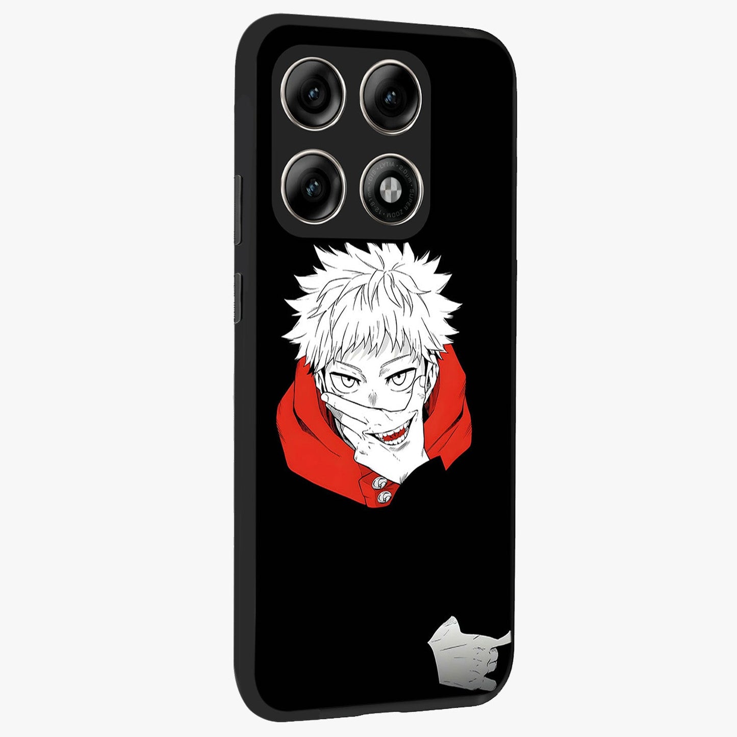 Crimson Chaos Smile Glass Case upright view showcasing expressive chaotic artwork with striking visual theme.