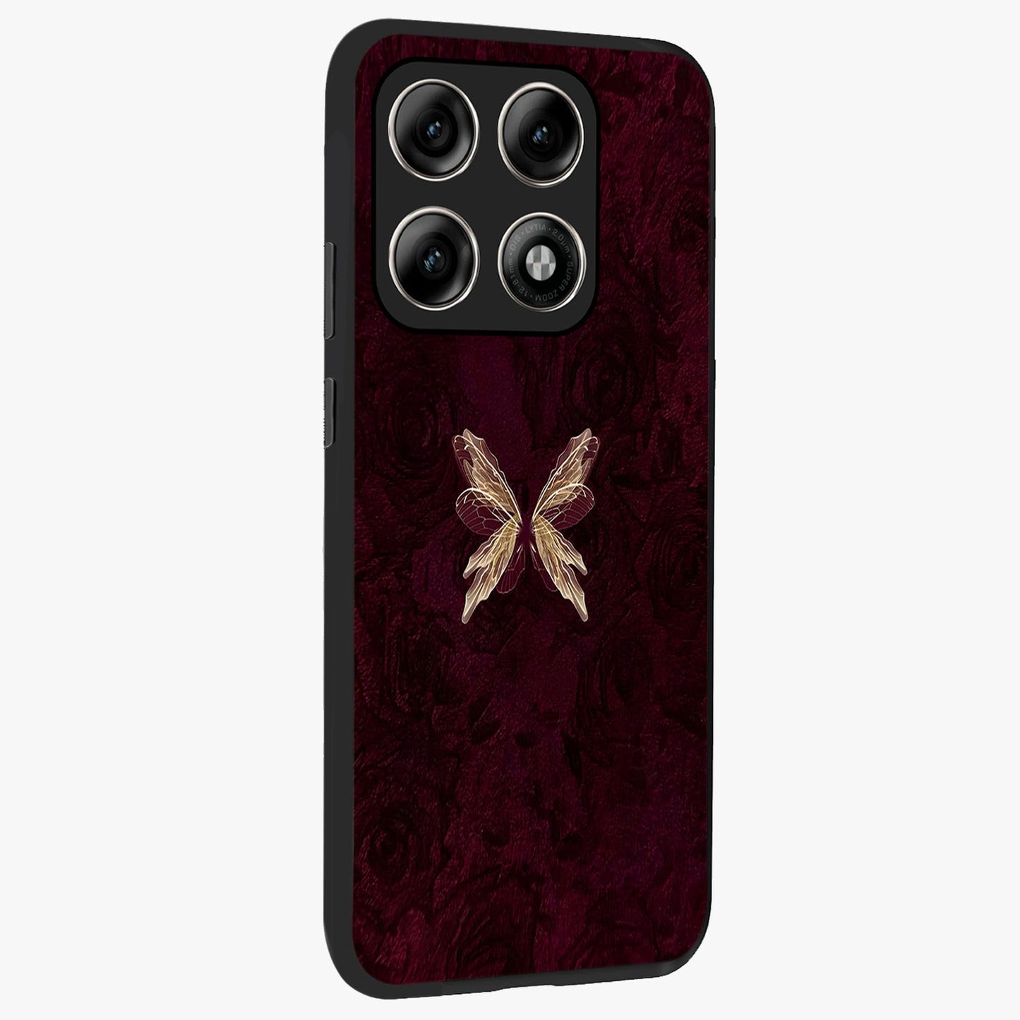 Crimson Fade Butterfly Glass Case upright view showcasing graceful butterfly artwork with soft crimson fade effect.