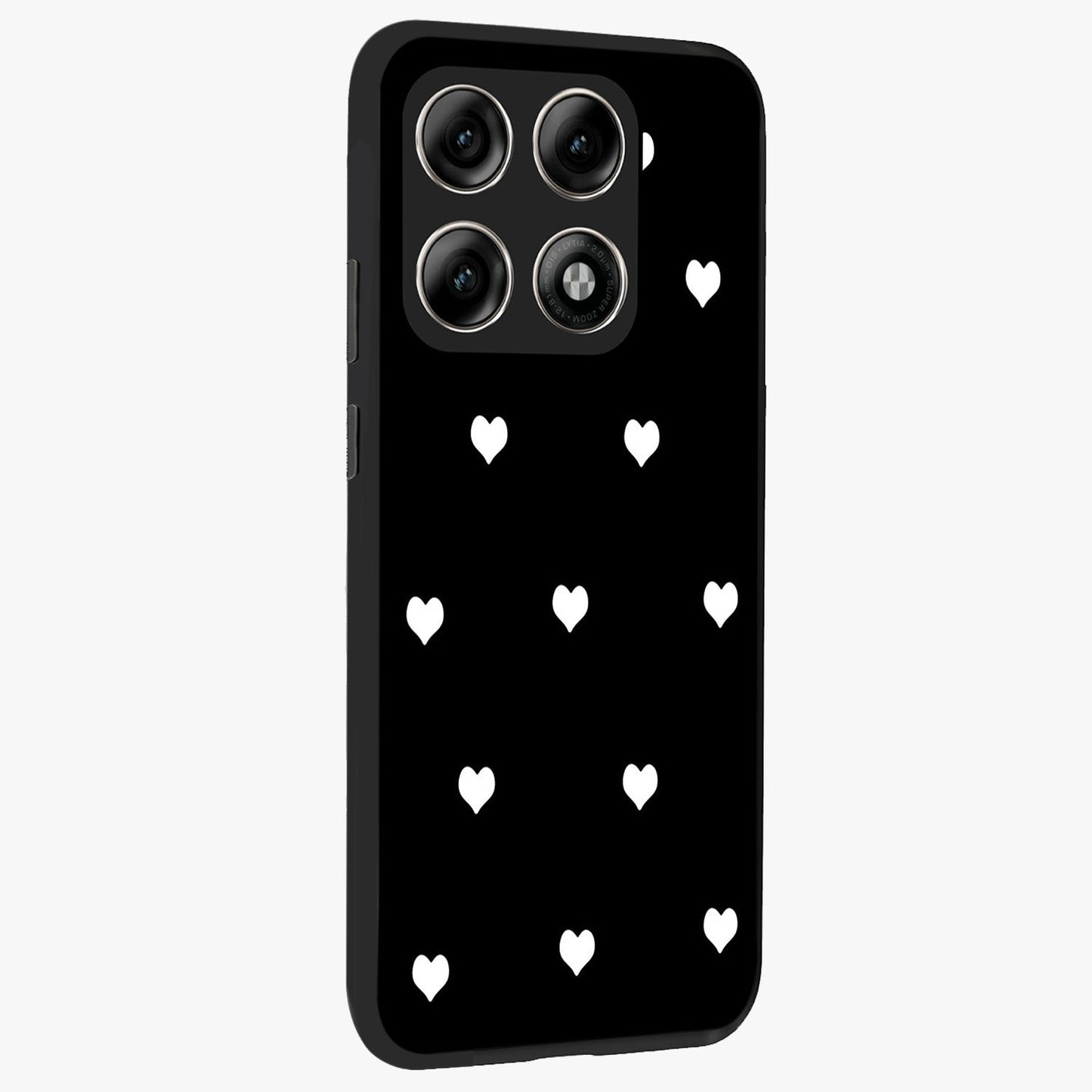 Cute And Simple White Hearts Glass Case upright view showcasing simple white hearts artwork with soft minimal theme.