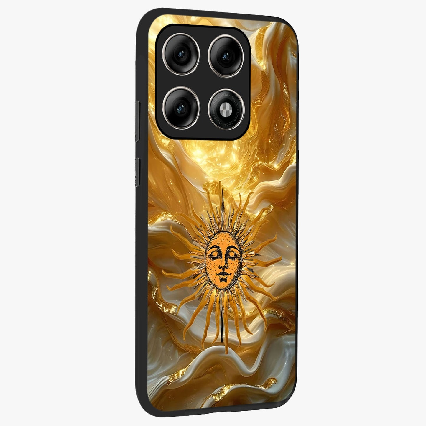 Eternal Golden Glow Glass Case upright view showcasing luminous golden artwork with luxurious visual theme.