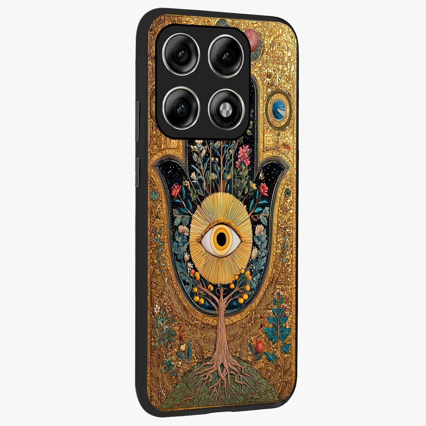 Ethereal Evil Eye Glass Case upright view showcasing celestial evil eye artwork with mystical theme.