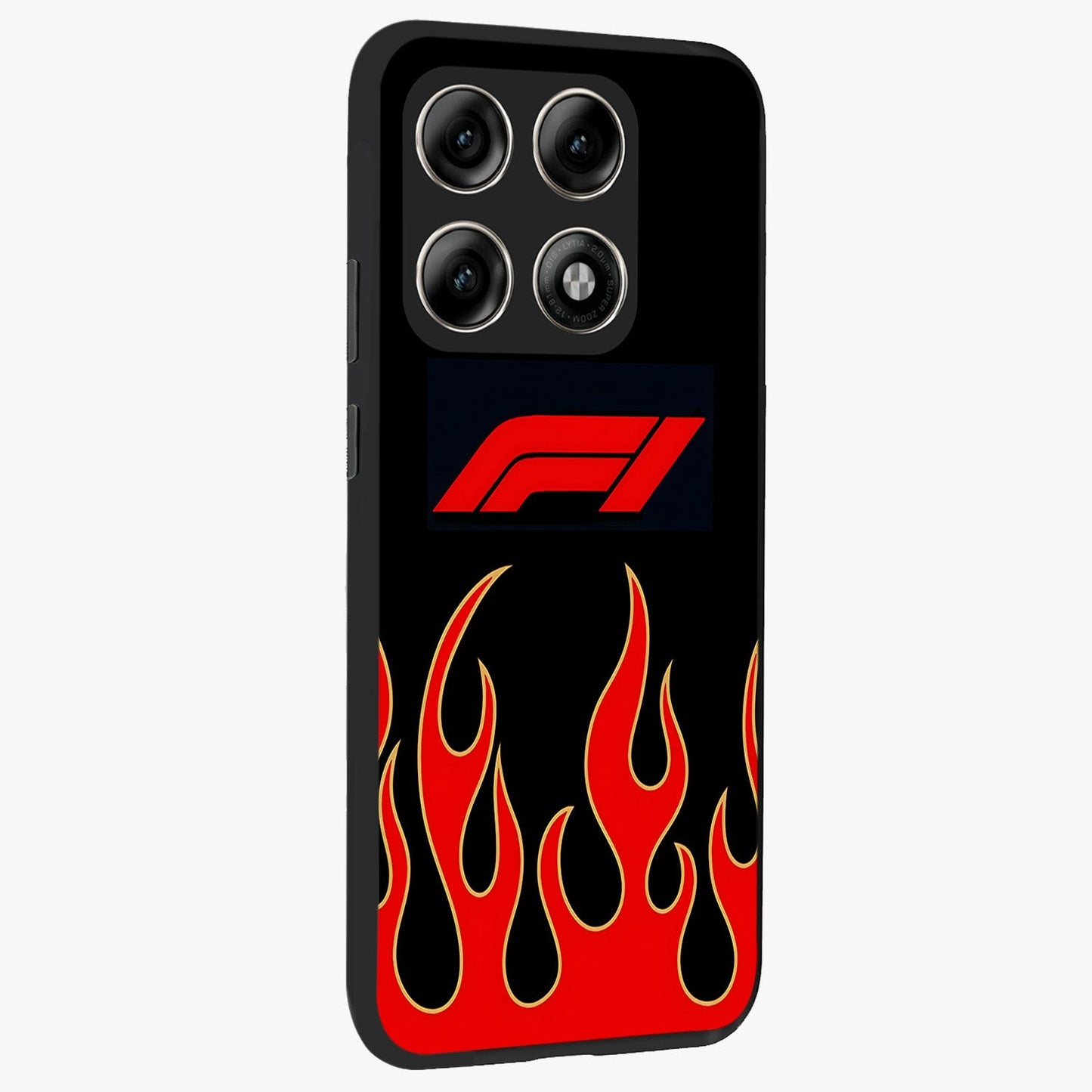 Fire F11 Glass Case upright view showcasing dynamic flame artwork with intense visual theme.