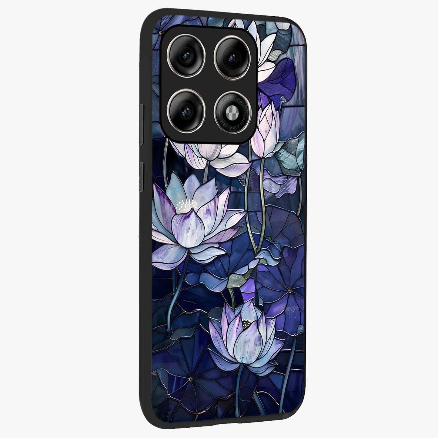 Gloss Petal Rush Glass Case upright view showcasing dynamic floral petal artwork with modern botanical theme.