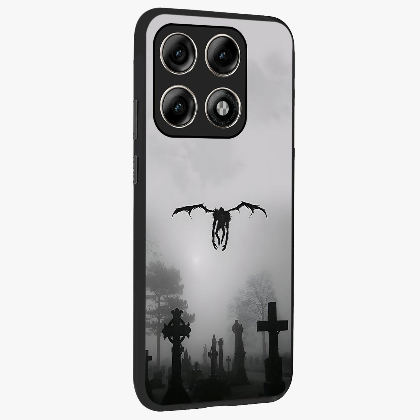 Graveyard Shadow Descent Glass Case upright view showcasing haunting graveyard artwork with dramatic dark theme.