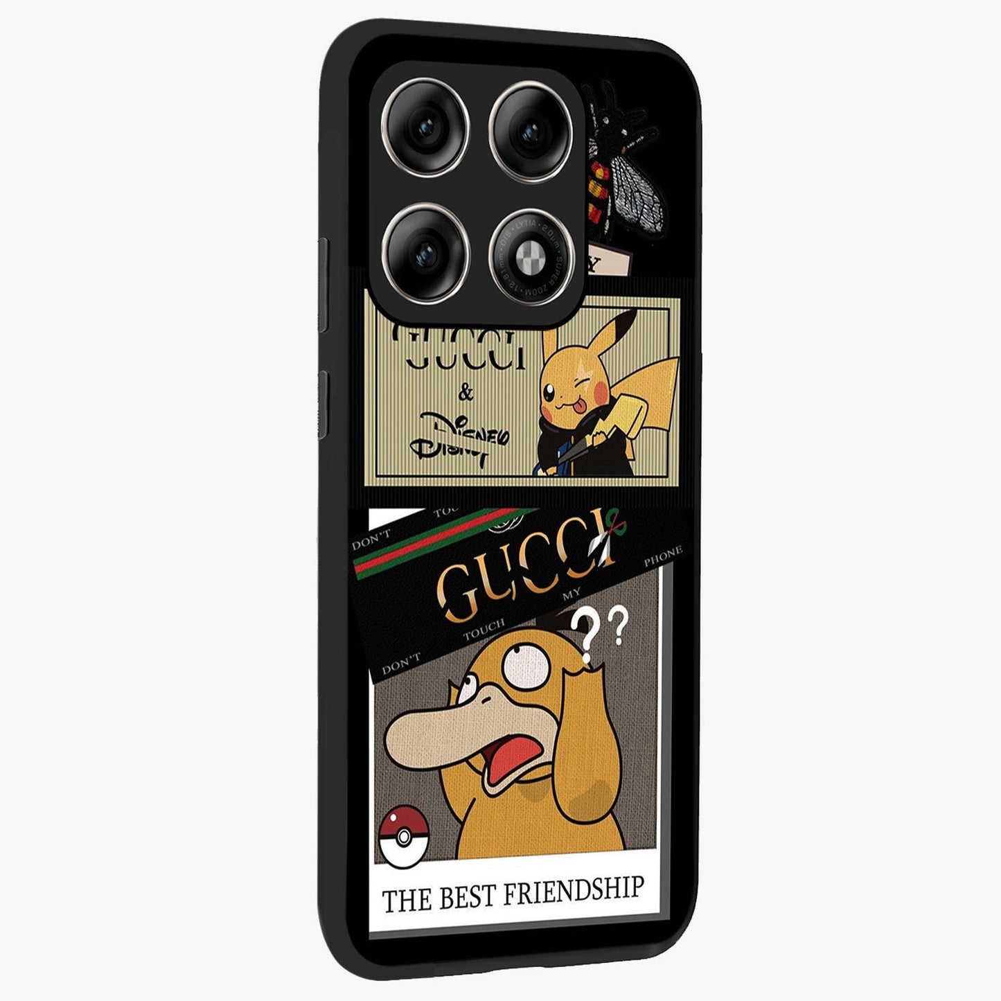 Gucci Play Mashup Glass Case upright view showcasing trendy luxury inspired artwork with modern fashion theme.