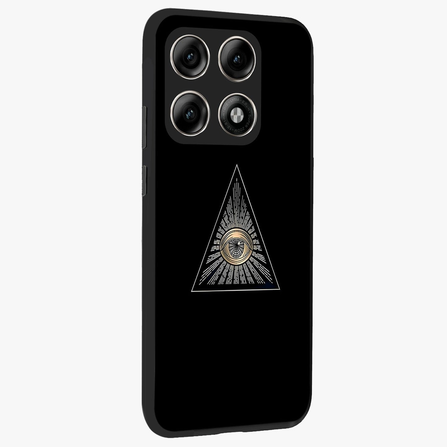 Illuminati Evil Glass Case upright view showcasing striking illuminati artwork with mysterious symbolic theme.