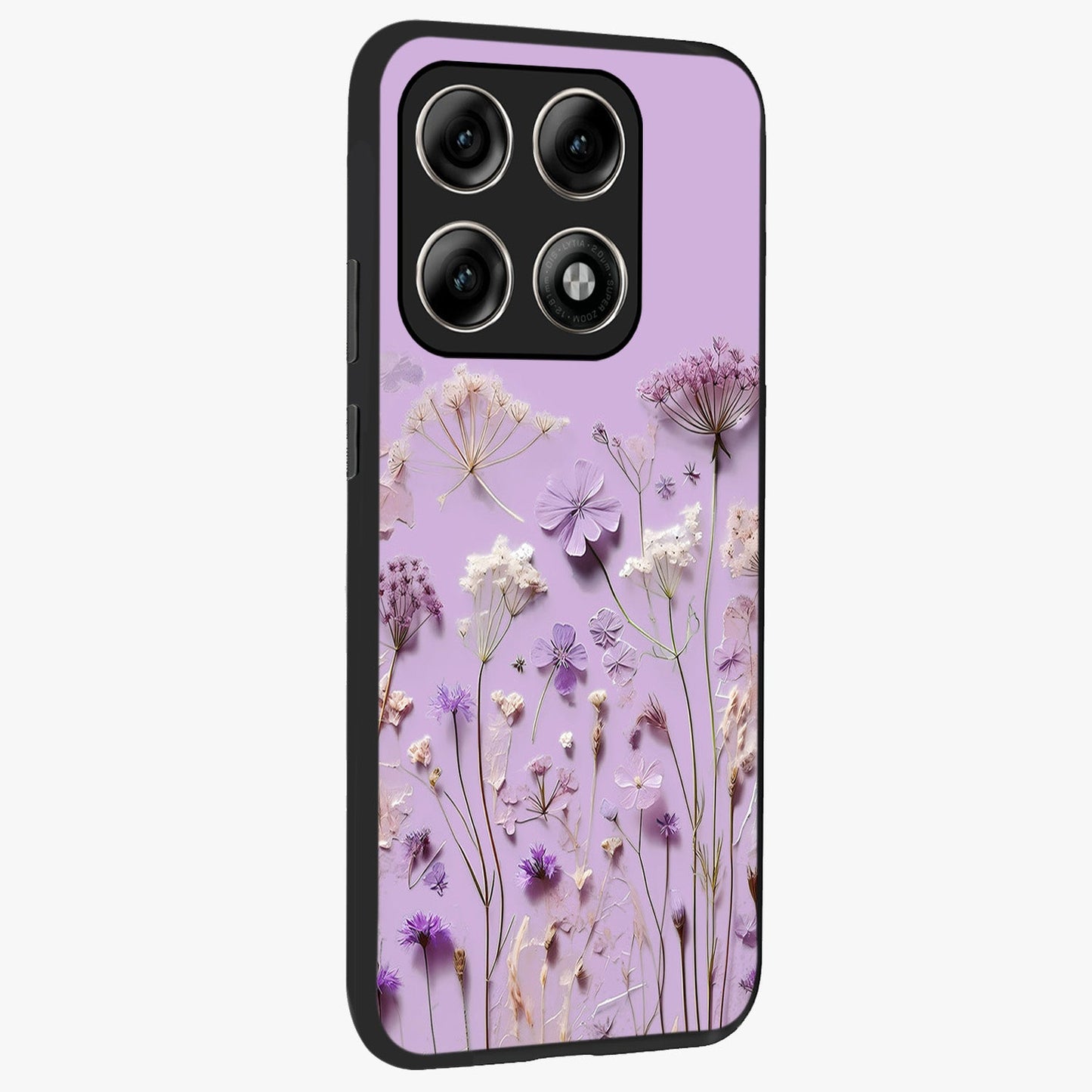 Lavender Blossom Dream Glass Case upright view showcasing delicate lavender blossom artwork with peaceful floral theme.