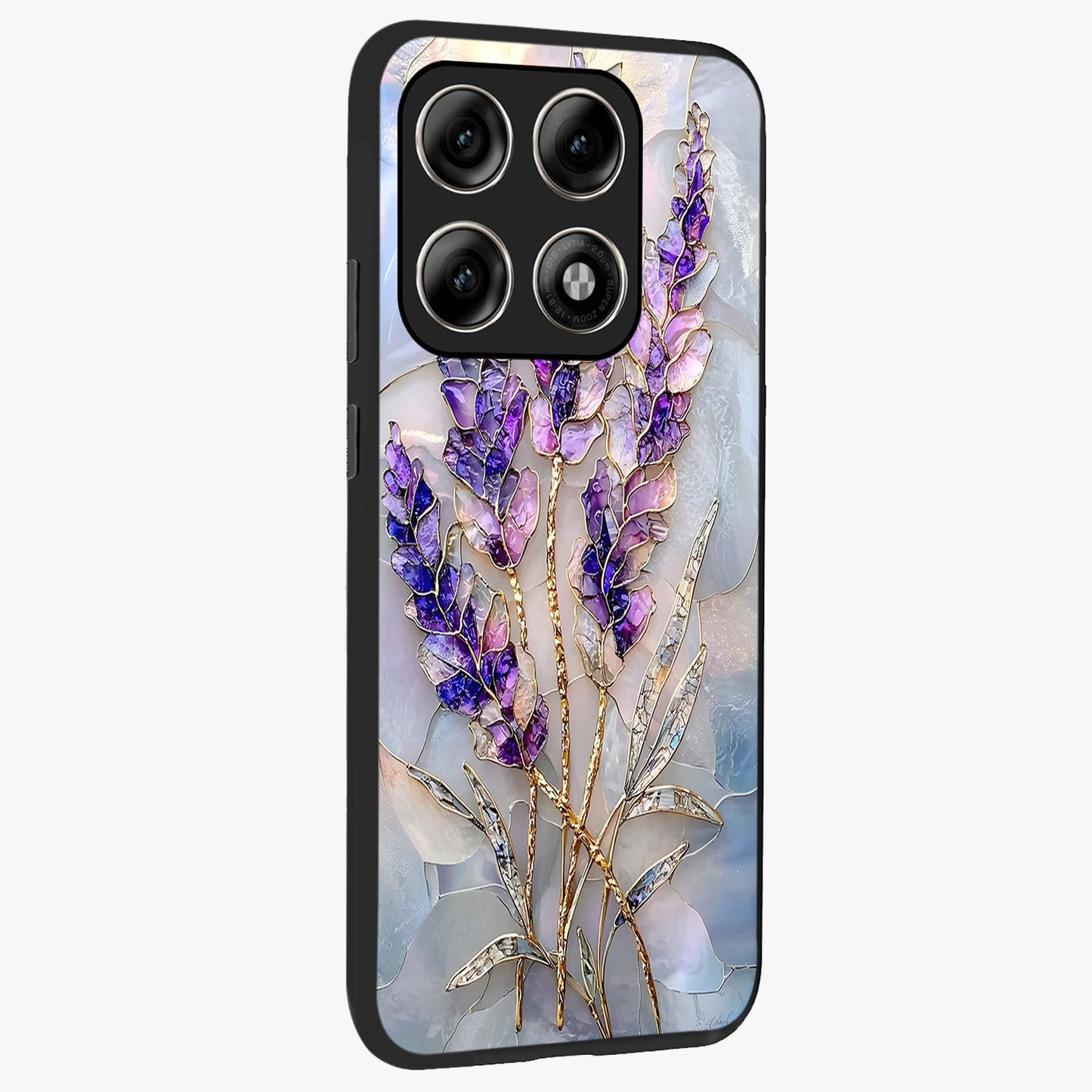 Lavender Dream Glow Glass Case upright view showcasing radiant lavender glow artwork with calming dreamy theme.