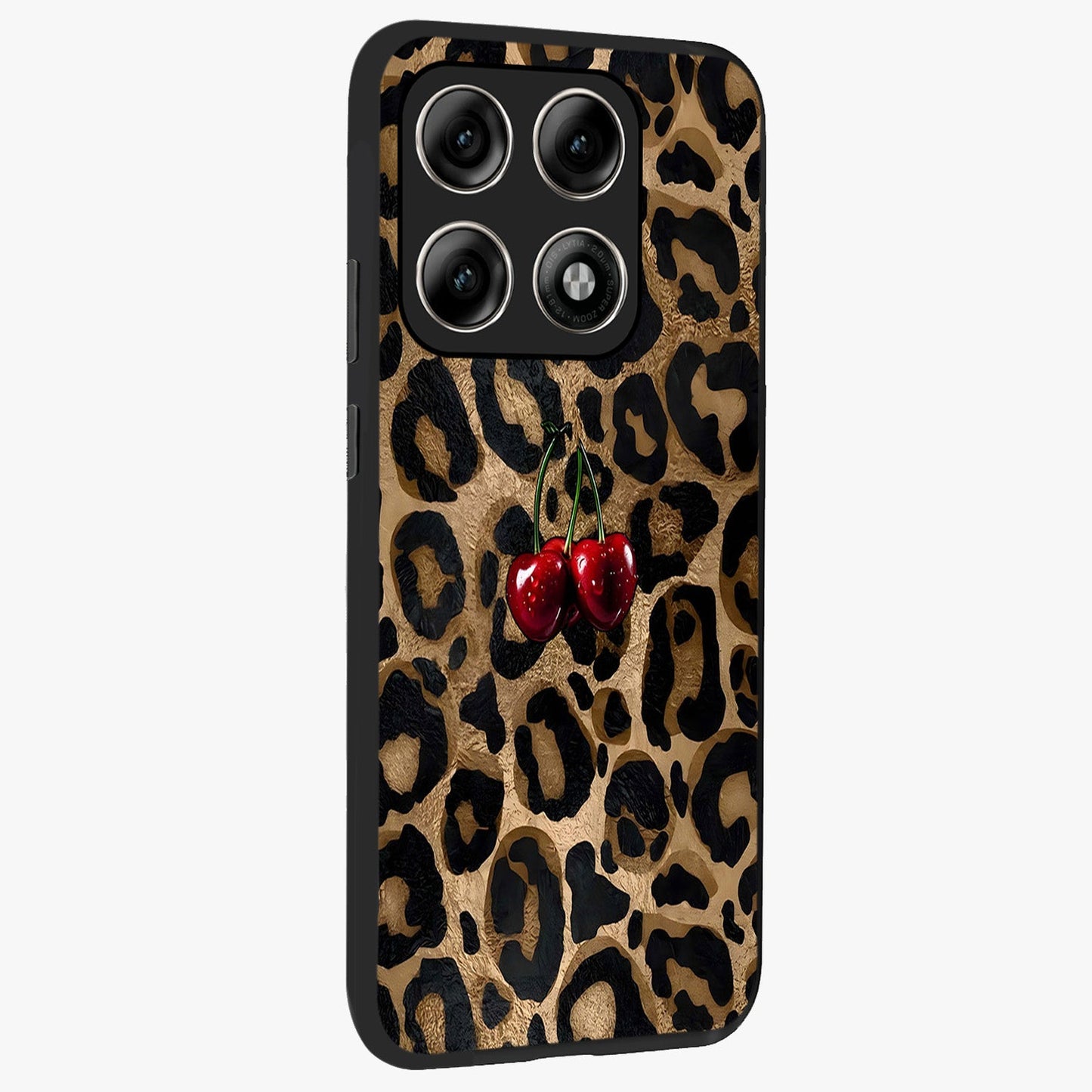 Leopard Wild Cherry Glass Case upright view showcasing stylish leopard pattern artwork with trendy fashion theme.