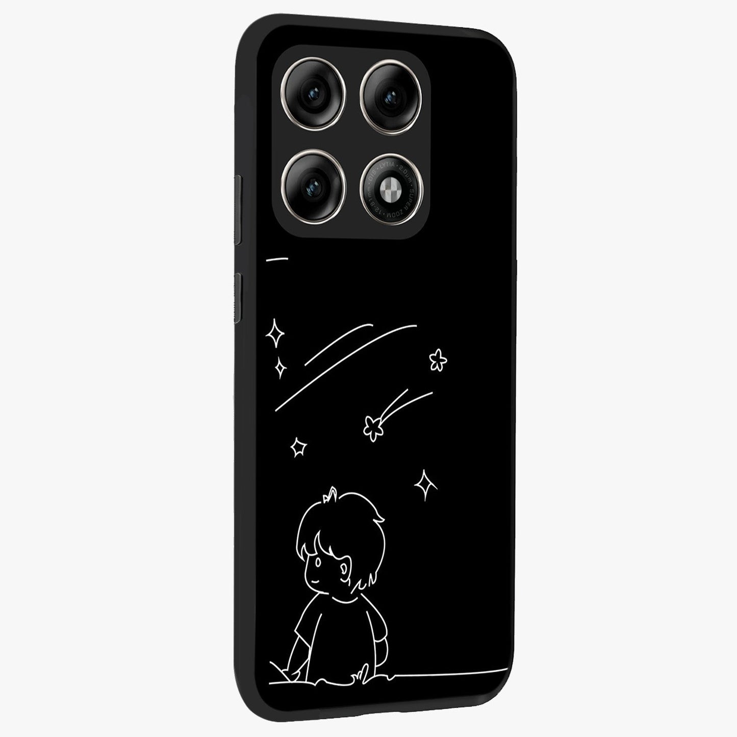 Line Art Boy With Shooting Stars Glass Case upright view showcasing artistic shooting star illustration with minimal style.