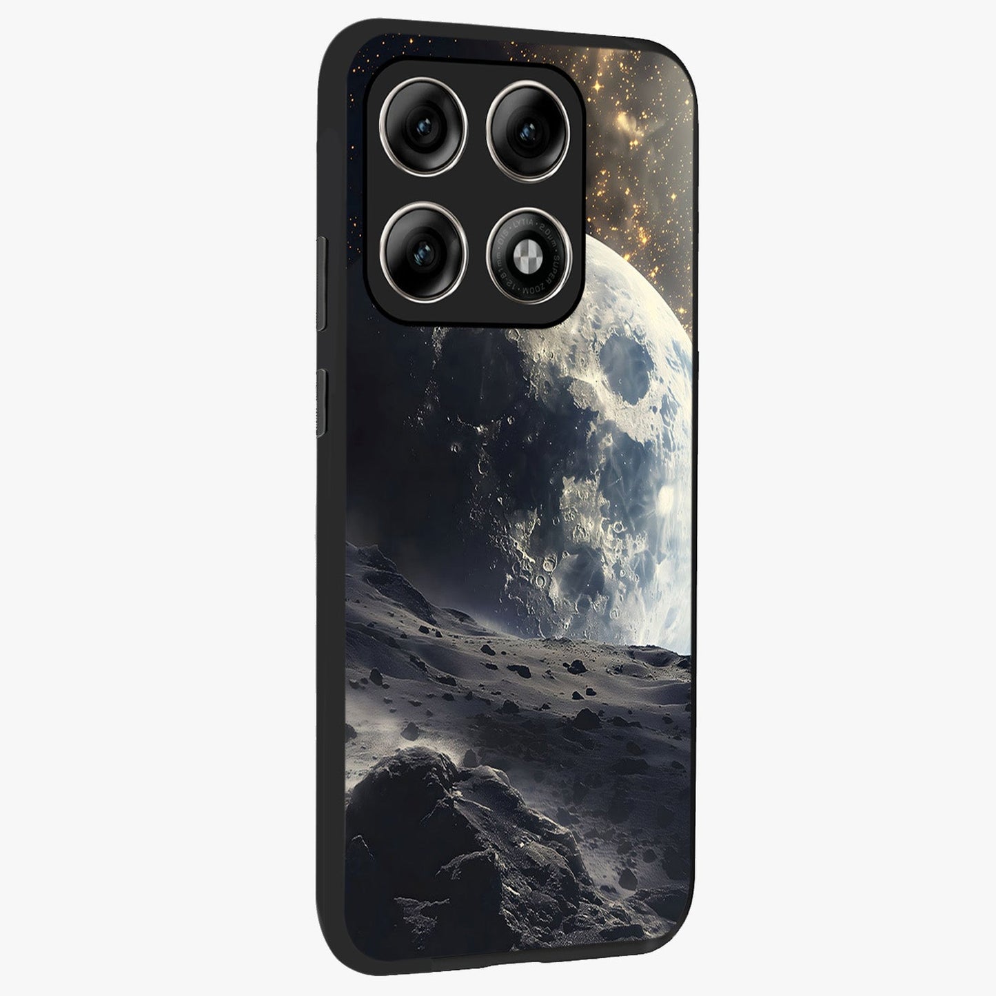 Lunar Horizon Glow Glass Case upright view showcasing radiant lunar artwork with calm cosmic theme.