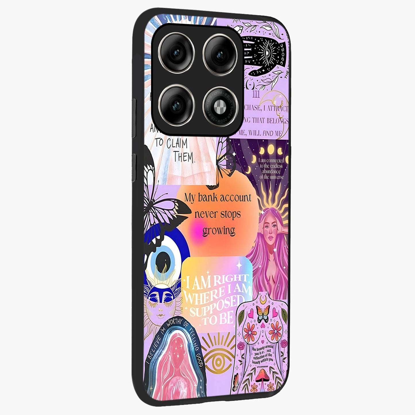 Manifestation Collage Glass Case upright view showcasing artistic manifestation themed artwork with creative style.