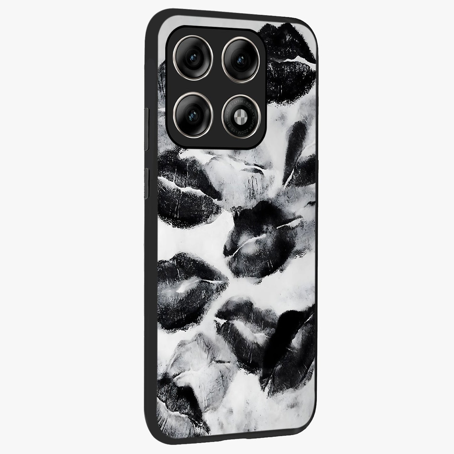 Midnight Kiss Marks Glass Case upright view showcasing stylish kiss mark artwork with trendy romantic theme.