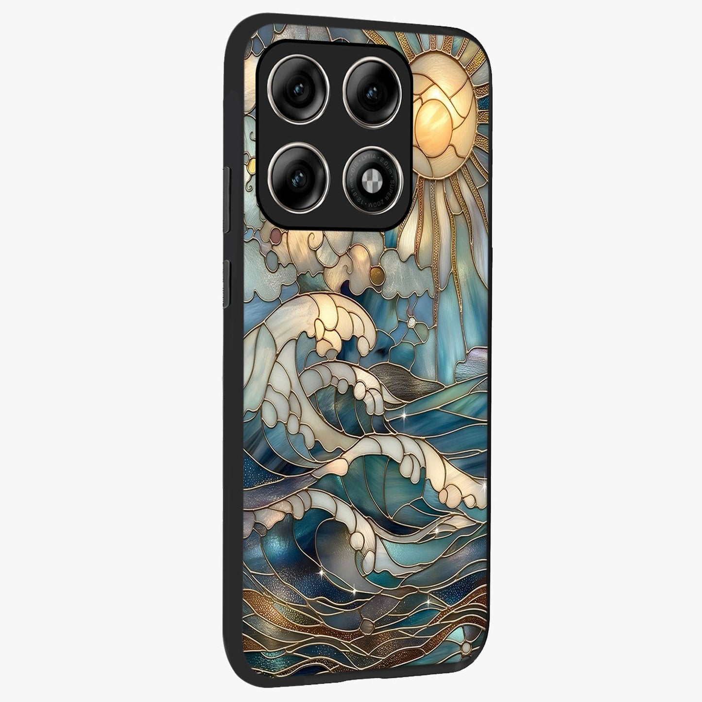 Oceanic Stained Printed Glass Case upright view showcasing decorative ocean pattern artwork with vibrant marine theme.