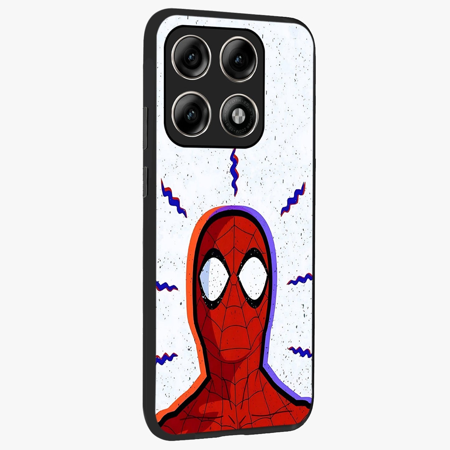 Omg Spiderman Glass Case upright view showcasing energetic superhero artwork with vibrant comic theme.