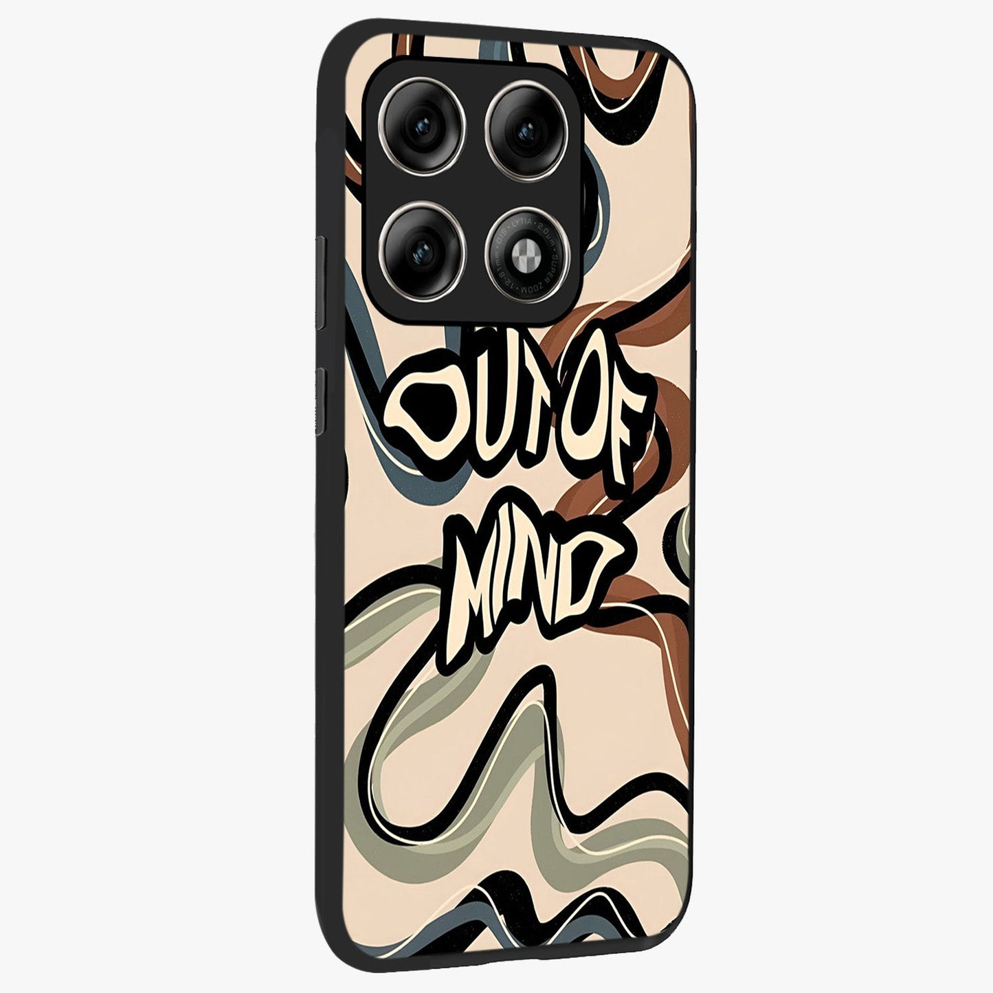 Out Of Mind Glass Case upright view showcasing striking typography artwork with edgy conceptual theme.