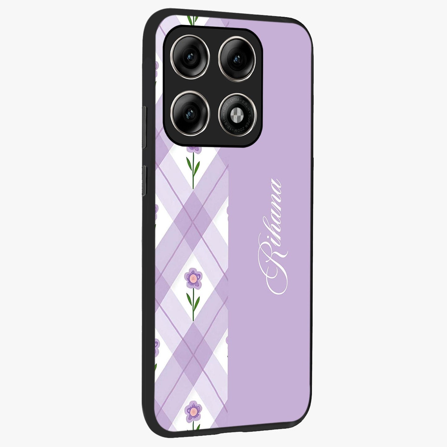 Purple Diamond Floral Glass Case upright view showcasing vibrant floral artwork with stylish geometric theme.