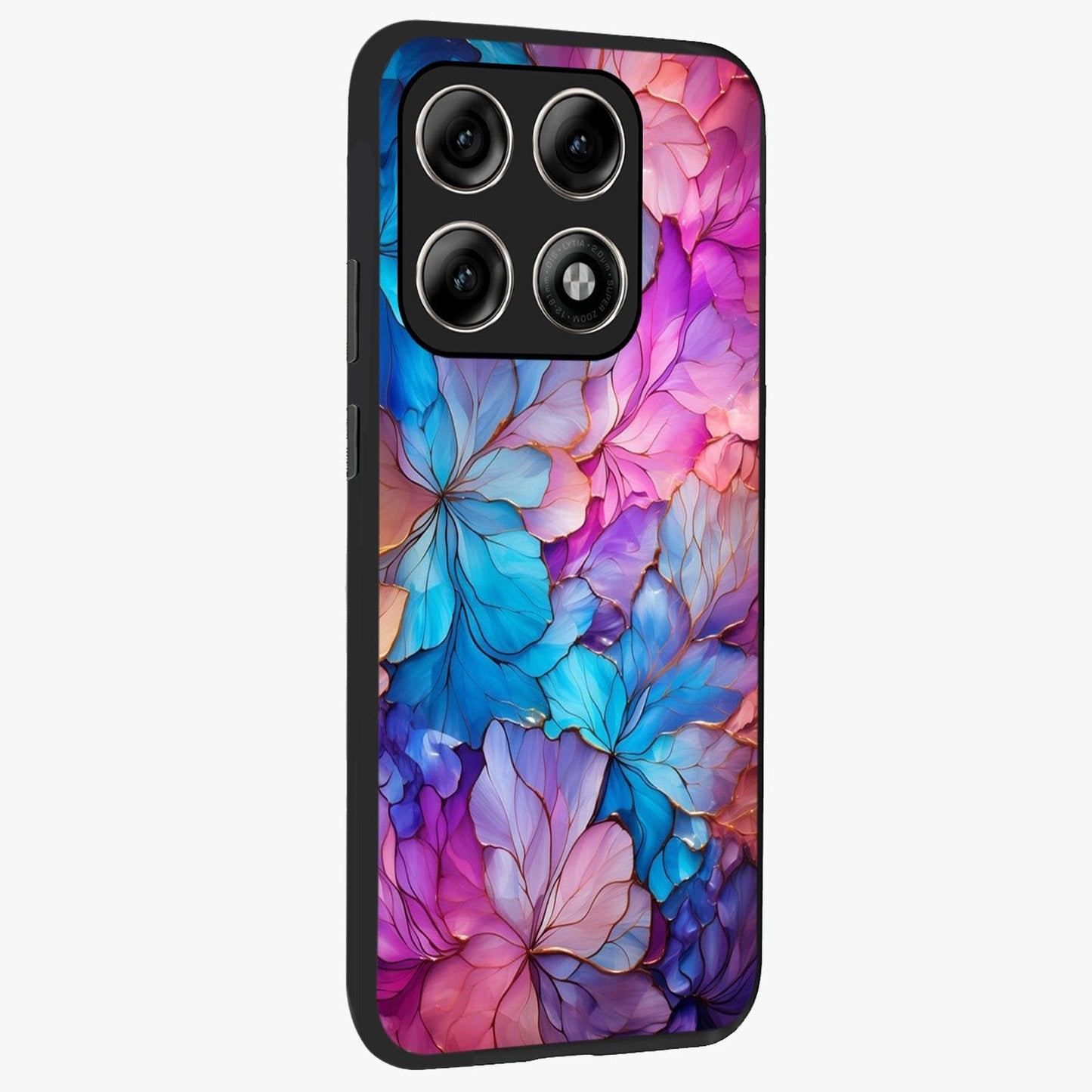 Radiant Floral Whirl Glass Case upright view showcasing lively floral artwork with decorative swirl theme.