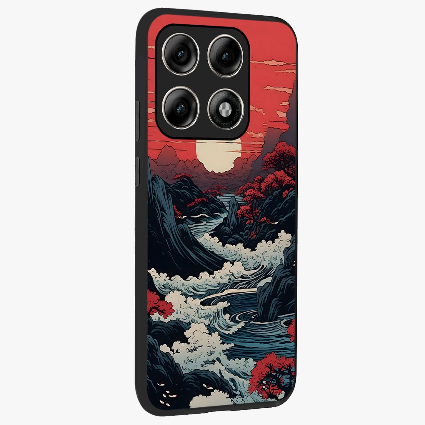 Red Sunset Scenery Glass Case upright view showcasing dramatic sunset scenery artwork with warm nature theme.
