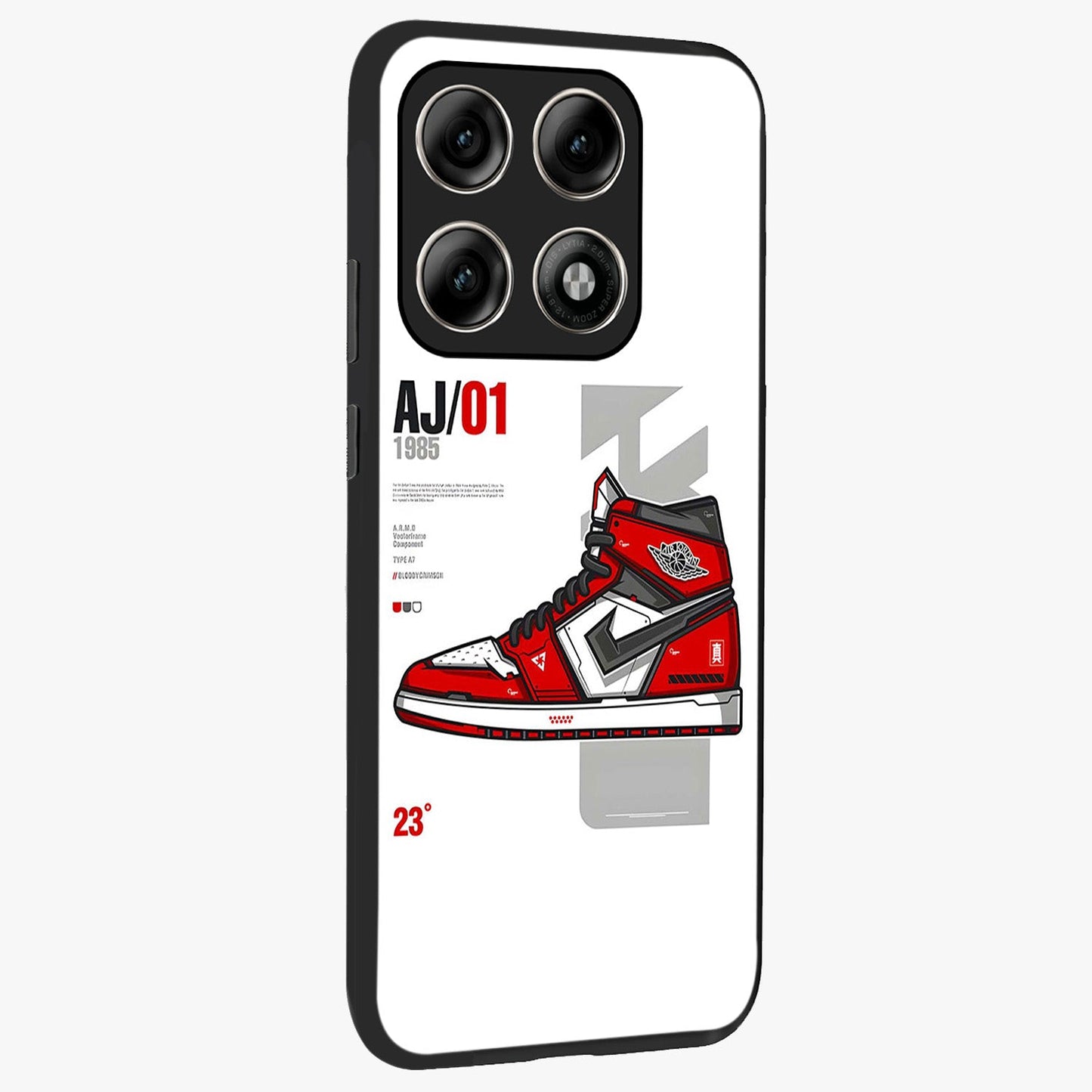 Retro Sneaker Blueprint Glass Case upright view showcasing stylish sneaker illustration with vintage streetwear theme.