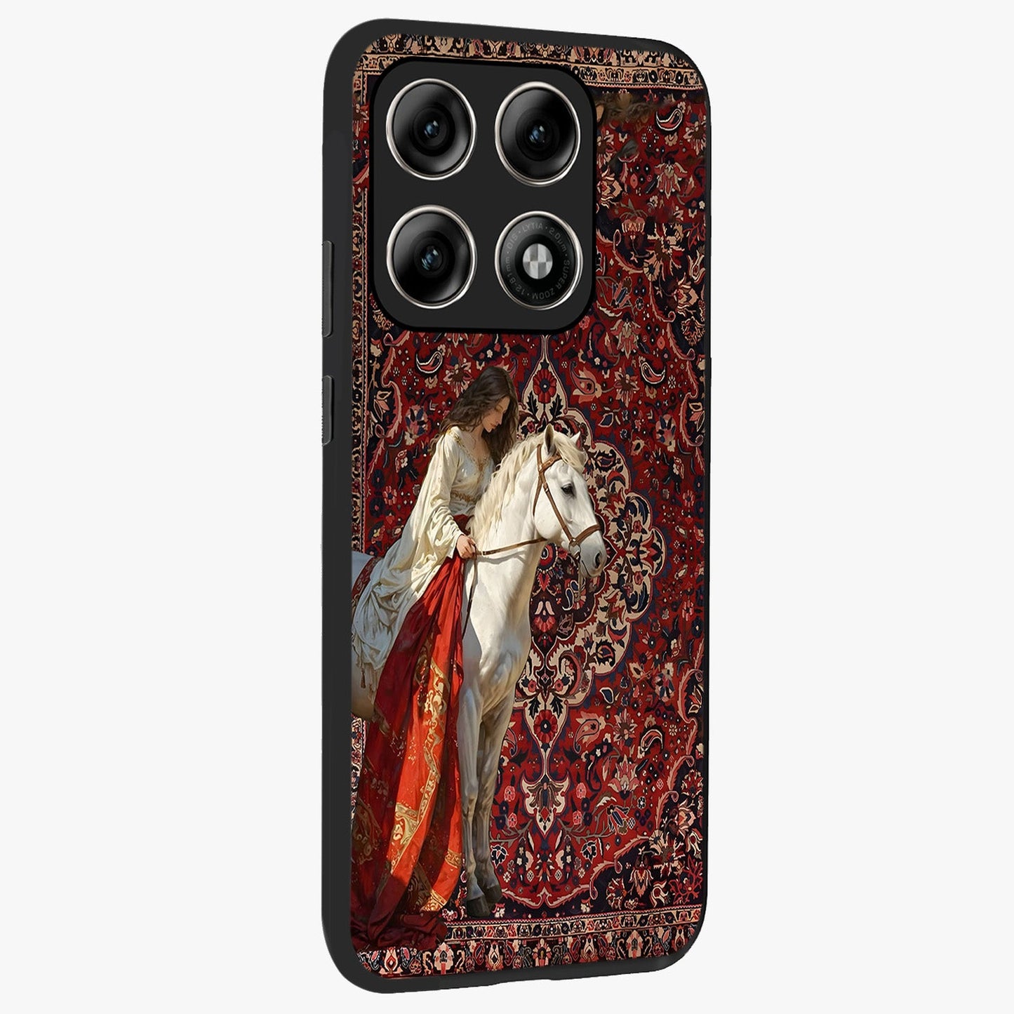 Royal Rider Tapestry Glass Case upright view showcasing detailed rider artwork with classic tapestry theme.