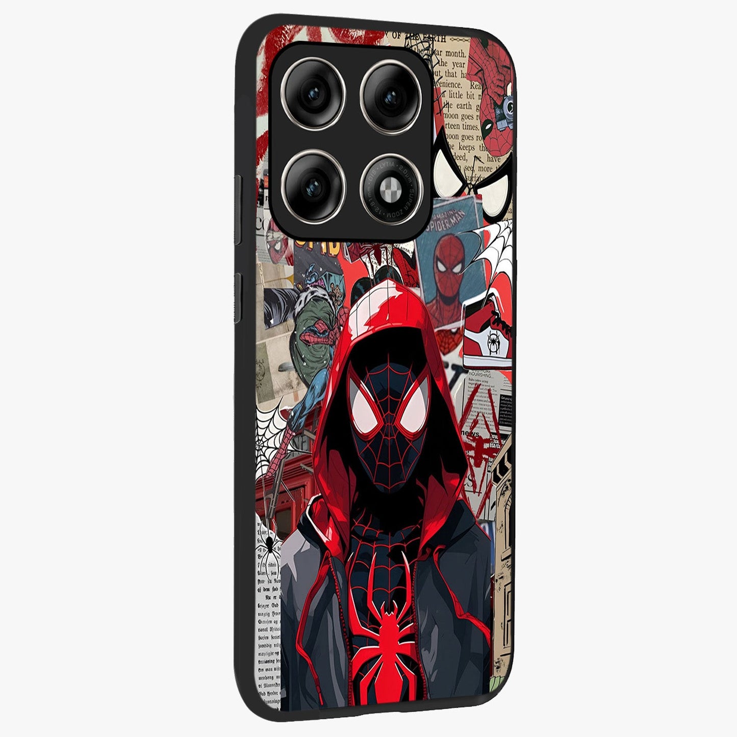 Spider Collage Street Glass Case upright view showcasing bold superhero artwork with urban street theme.