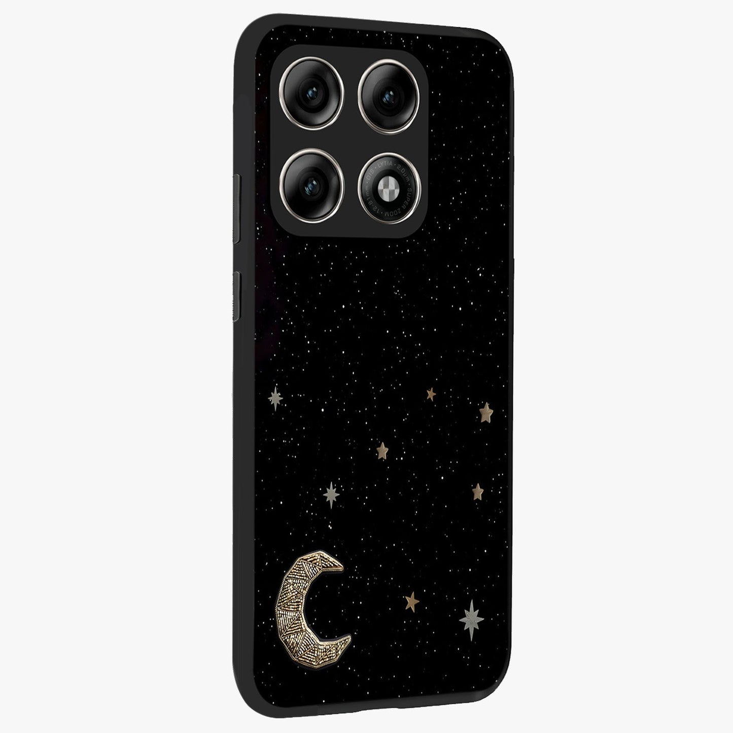 Twinkle Star With Half Moon Glass Case upright view showcasing glowing cosmic artwork with dreamy night theme.